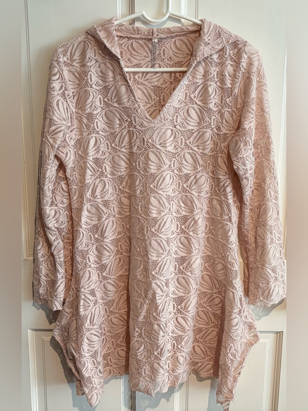 Lulu-B Swim Coverup Hoodie Tunic Top Pink Lace Beach Pool Cruise Resort, Size LG